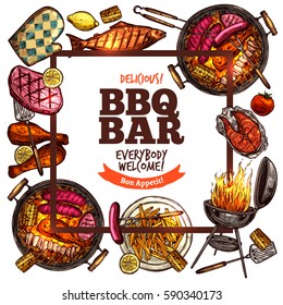 Bbq Grill Bar Color Sketch Hand Drawn Background With Hipster Square Frame