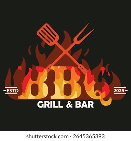 BBQ Grill Bar Logo Vector with Flames and Crossed Utensils.