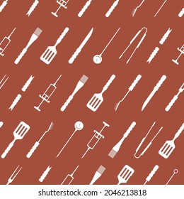 BBQ, grill, barbecue accessories, utensils, tools, equipment. Seamless pattern, background. Flat isolated vector illustration. Thermometer, meat Injector, claws, fork, tongs, spatula, skewer, knife.