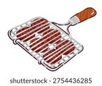BBQ grill with beef patties on metal grate and wooden handle. BBQ grill scene in bold cartoon style, grill vector illustration.