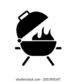 Bbq grill black glyph icon. Cooking food outdoor. Using wood, charcoal. Open-flame cooking device. Grilling on raised wooden grate. Silhouette symbol on white space. Vector isolated illustration