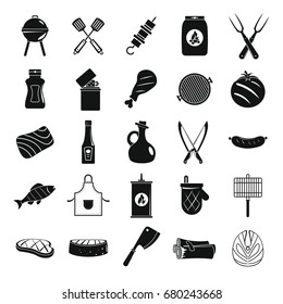 Bbq grill black simple silhouette decorative icons set with barbeque and cooking utensil isolated vector illustration in silhouette style