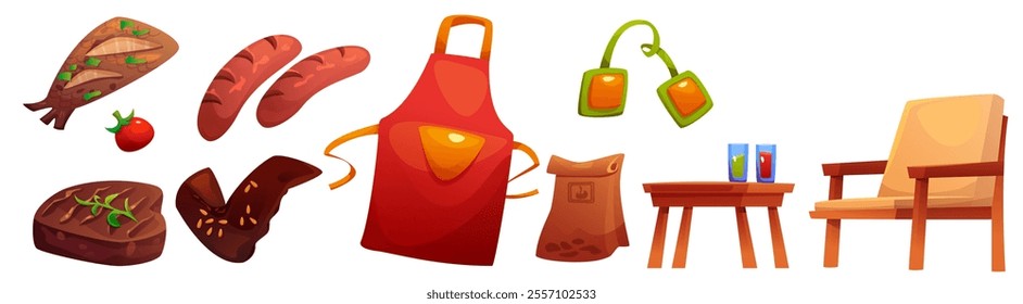 BBQ and grill cartoon elements for outdoor recreation - roasted meat garnished with herbs, grilled sausages, juicy steak, chicken wing, red cooking apron, wooden soft chair and table with drinks.