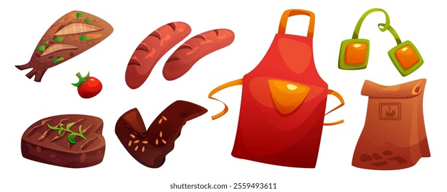 BBQ and grill cartoon elements set - roasted meat with herbs, fresh tomato, grilled sausages, juicy steak garnished with rosemary, chicken wing with spices, red cooking apron, paper bag with charcoal.