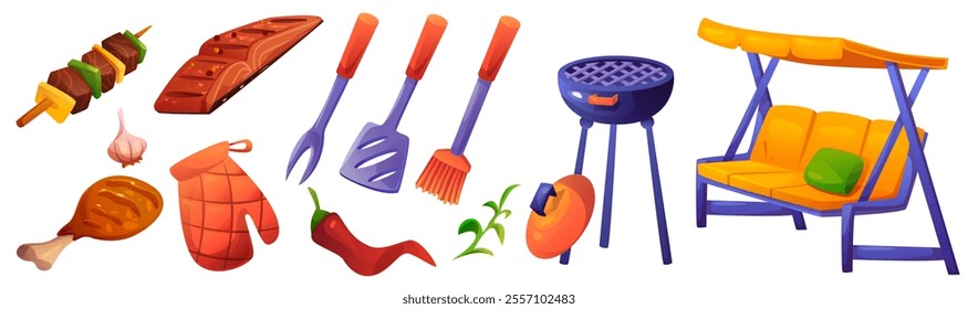 BBQ and grill cartoon set - skewered meat with vegetables, fish fillet, grilled chicken leg, protective mitt, cooking tools, round barbecue stand, garden swing bench, spices, herb for outdoor cooking.