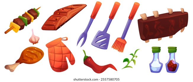 BBQ and grill cartoon set - skewered meat with vegetables, salmon fillet, roasted chicken leg, protective mitt, cooking tools, spicy chili pepper, glass bottles with condiment, garlic clove, beef ribs