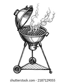 BBQ grill. Charcoal barbecue brazier with smoke. Kebab, grilled food concept. Sketch vector illustration isolated