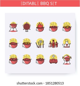 Bbq grill color icons set. Grilled vegetables, meat, chicken and fish. Grill cooking utensils. Barbecue picnic, party or summer camping concept. Isolated vector illustration. Editable stroke 