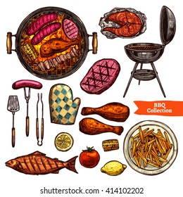 Bbq Grill Color Sketch Set. Hand Drawn Barbecue Collection