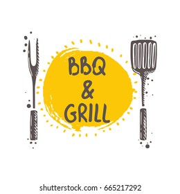 BBQ and grill concept. Hand drawn vector illustration. Can be used for restaurant, cafe, menu, sticker, logo, label.