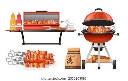 Parrilla de barbacoa con equipo de cocina ilustración vectorial sobre fondo blanco