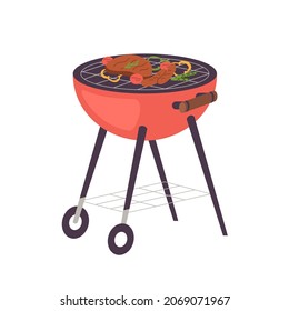 BBQ grill cooking meat steak, sausages and vegetables. Picnic device for barbecue party. Barbeque equipment, brazier with food, summer meal. Flat vector illustration isolated on white background