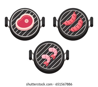 BBQ grill cooking set: meat steak, sausage and shrimp. Flat cartoon vector food illustration.