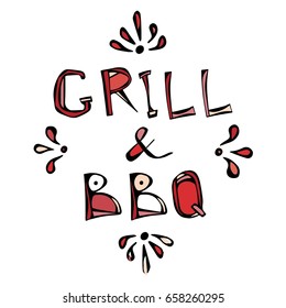 BBQ and Grill Decorative Meat Lettering. Isolated On a White Background. Realistic Doodle Cartoon Style Hand Drawn Sketch Vector Illustration.