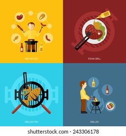 Bbq grill design concept set with fish and meat steaks cooking icon flat isolated vector illustration