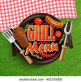 BBQ Grill elements - Typographical Design Label or Sticer on the background of green grass and rustic tablecloths in red and white squares. Vector illustration.