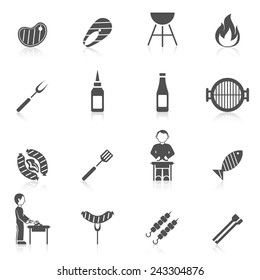 Bbq grill equipment icon black set with skewer ketchup sauce isolated vector illustration