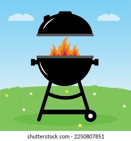 Bbq with grill and fire. Barbecue poster. Flat style, vector illustration.