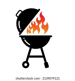 BBQ grill with fire logo icon flat style vector illustration isolated on white background