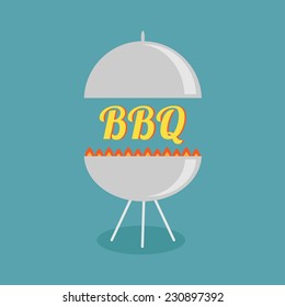 BBQ grill with fire party invitation card. Flat design icon. Vector illustration