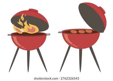 BBQ grill with fire and steaks. Cartoon flat vector illustration isolated on white. Red grill for outdoor barbeque designs.