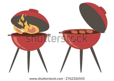 BBQ grill with fire and steaks. Cartoon flat vector illustration isolated on white. Red grill for outdoor barbeque designs.