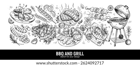 BBQ and grill: fish, shish kebab, meat steak, grilled shrimp, fish, ribs, barbecue chicken wings. Hand-drawn sketch