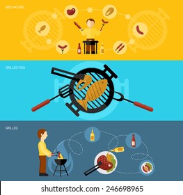 Bbq grill flat horizontal banner set with food cooking elements isolated vector illustration