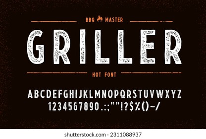 Bbq grill font, barbecue type, steak typeface, grunge alphabet with capital letters, numbers and digits. Vector abc font for menu display of bbq restaurant, grill bar, butcher shop and steak house