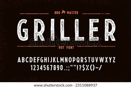 Bbq grill font, barbecue type, steak typeface, grunge alphabet with capital letters, numbers and digits. Vector abc font for menu display of bbq restaurant, grill bar, butcher shop and steak house Stock foto © 