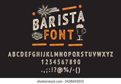 Fuente de la parrilla de barbacoa, tipo de letra barista o café y tipo de barbacoa, alfabeto de cocina grunge vector. Cartel retro o etiqueta vintage ABC fuente grungy letras, tipografía estilo tiza menú bar o café tipografía