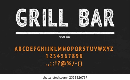 Bbq grill font, steak typeface, barbecue type, grunge cooking alphabet for vector menu display or board of grill bar, bbq restaurant or steak house. Aged abc font with capital letters and numbers