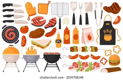 Bbq grill food, barbecue meat menu set vector illustration. Cartoon picnic summer party barbeque collection, roast beef or pork on fire, sausage burger and sauces, kitchen tools isolated on white