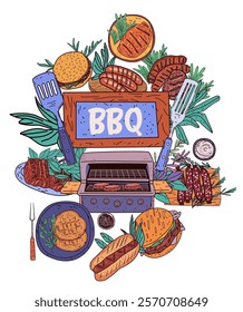 BBQ grill food cooking summer feast colorful meats vegetables burgers sausages spatulas herbs outdoor picnic festive design