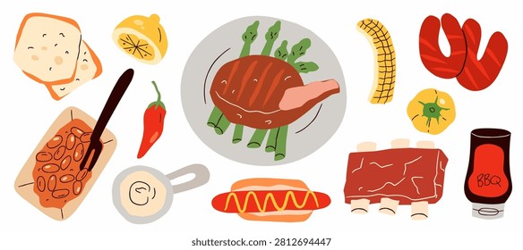 BBQ Grill Food Element Set with Steak, Grilled Ribs, Sausage, Hot Dog, and Baked Beans. Hand Drawn Flat Vector Illustration Isolated on White Background for Menu Design and Picnic Concept.