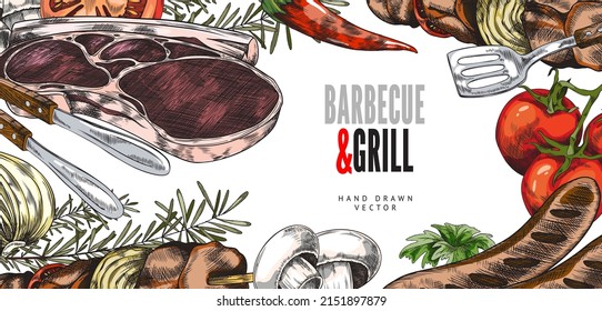 BBQ and grill food hand drawn background design, colored engraved style vector illustration. Banner or header template for barbeque bar menu and steakhouse.