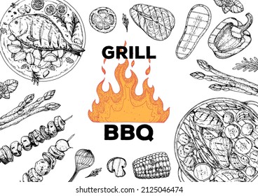 Bbq grill food sketch. Menu design template. Grilled fish and vegetables frame. Vector illustration. Engraved design. Hand drawn illustration.	