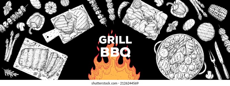 Bbq grill food sketch. Menu design template. Grilled meat and vegetables frame. Vector illustration. Engraved design. Hand drawn illustration.