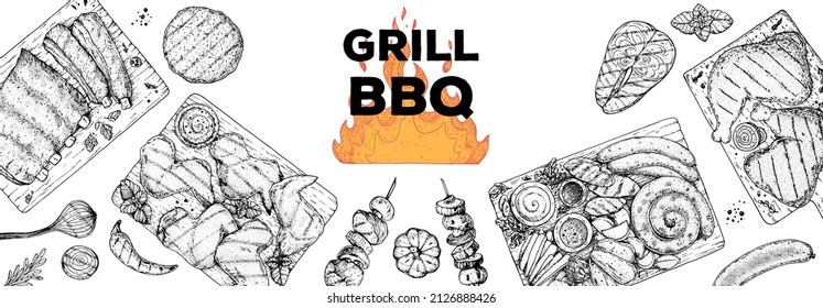 Bbq grill food sketch. Menu design template. Grilled meat and vegetables frame. Vector illustration. Engraved design. Hand drawn illustration.