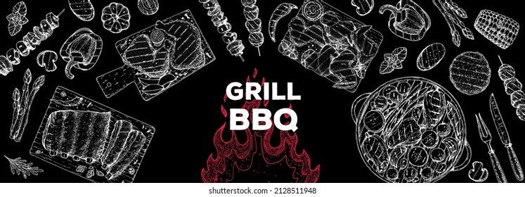 Bbq grill food sketch. Menu design template. Grilled meat and vegetables frame. Vector illustration. Engraved design. Hand drawn illustration.