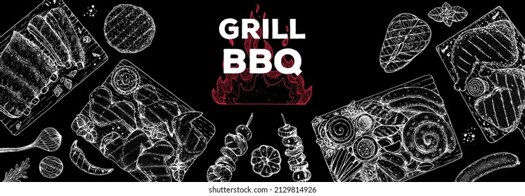 Bbq grill food sketch. Menu design template. Grilled meat and vegetables frame. Vector illustration. Engraved design. Hand drawn illustration.