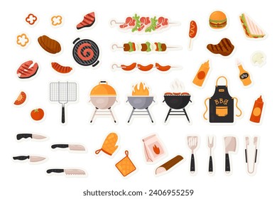 BBQ grill food stickers set for social media chat or sms isolated vector illustration. Cartoon pig and cow barbecue sausages, kebab menu to eat on picnic party, cooking tools. Fastfood concept