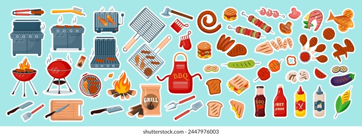 BBQ grill food stickers set vector illustration