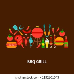 BBQ Grill Greeting Card. Flat Design Vector Illustration. Barbecue Poster.