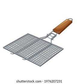 BBQ grill grid barbecue vector illustration. Manual grill grate with wooden handle