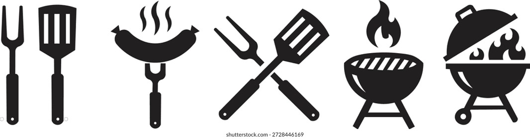Parrilla de barbacoa, Herramientas de parrilla, Salchicha en tenedor y Vectores de cocina de fuego, Parrilla de alta calidad para cocinar, Comida a la parrilla, Parrilla al aire libre, Herramientas de barbacoa Ilustraciones