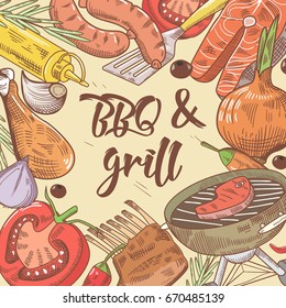 BBQ and Grill Hand Drawn Background with Steak, Fish and Vegetables. Picnic Party. Vector illustration