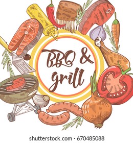 BBQ and Grill Hand Drawn Design with Steak, Fish and Meat. Picnic Party. Vector illustration