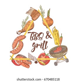 BBQ and Grill Hand Drawn Design with Steak, Meat, Fish and Vegetables. Picnic Party. Vector illustration