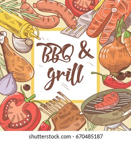 BBQ and Grill Hand Drawn Design with Steak, Fish and Vegetables. Picnic Party. Vector illustration